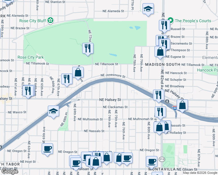 map of restaurants, bars, coffee shops, grocery stores, and more near 1624 Northeast 74th Avenue in Portland