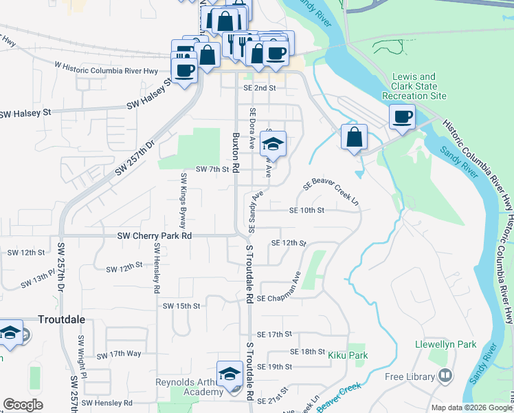 map of restaurants, bars, coffee shops, grocery stores, and more near 966 Southeast Harlow Court in Troutdale
