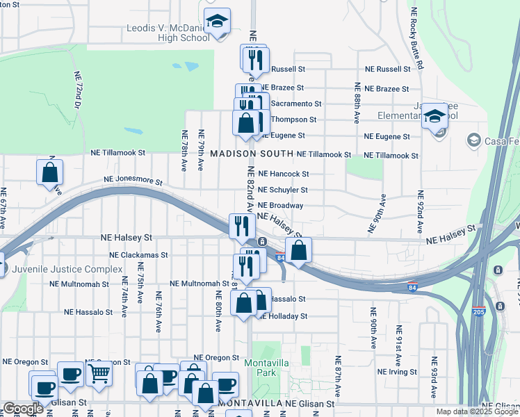 map of restaurants, bars, coffee shops, grocery stores, and more near 8238 Northeast Broadway in Portland
