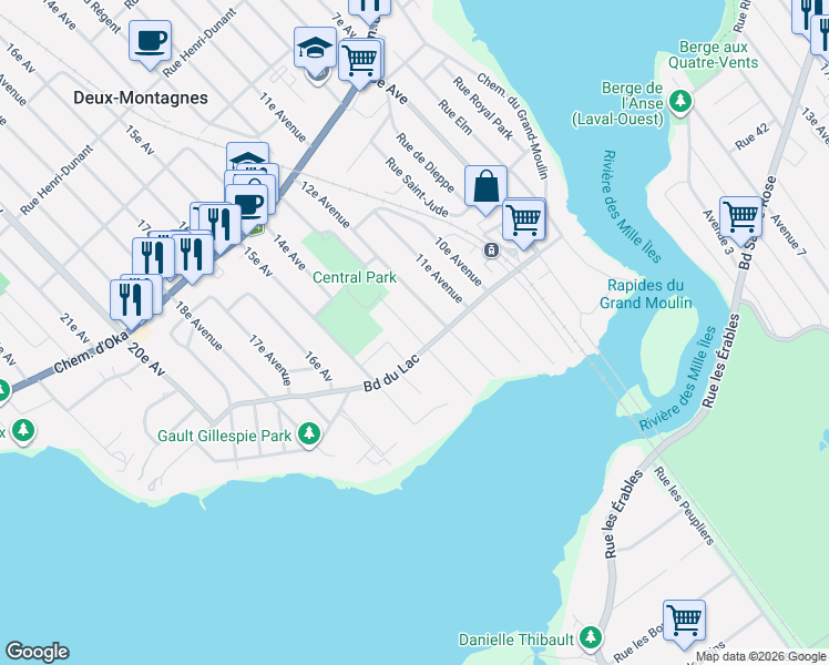 map of restaurants, bars, coffee shops, grocery stores, and more near 55 13e Avenue in Deux-Montagnes
