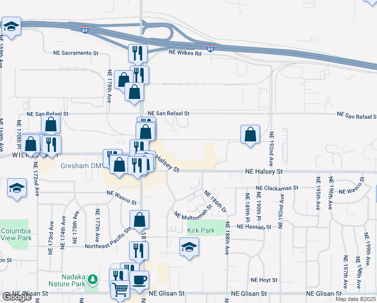map of restaurants, bars, coffee shops, grocery stores, and more near 18557 Northeast Halsey Street in Portland