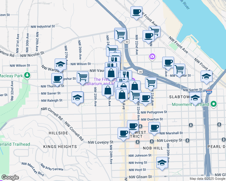 map of restaurants, bars, coffee shops, grocery stores, and more near 2375 Northwest Savier Street in Portland