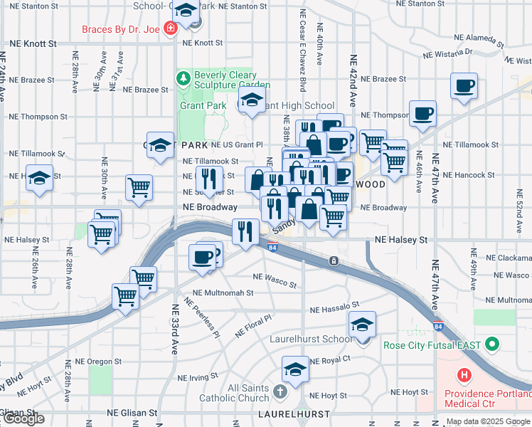 map of restaurants, bars, coffee shops, grocery stores, and more near 1722 Northeast 37th Avenue in Portland