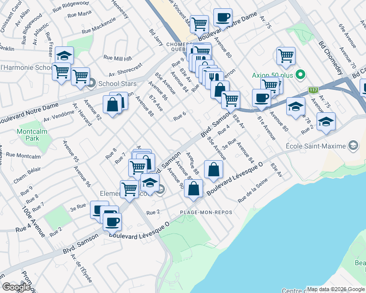 map of restaurants, bars, coffee shops, grocery stores, and more near 425 Avenue 88 in Laval