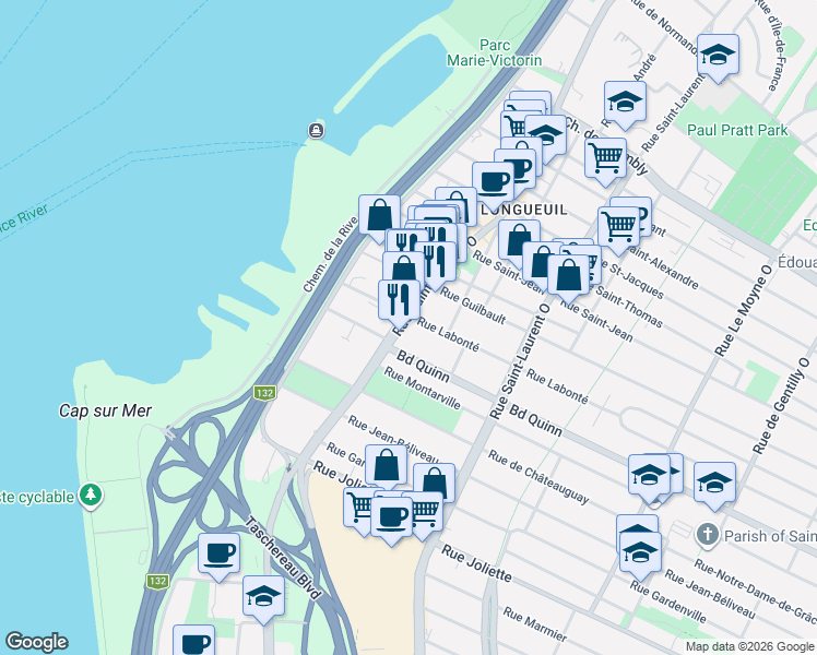 map of restaurants, bars, coffee shops, grocery stores, and more near 460 Rue Saint-Charles Ouest in Longueuil