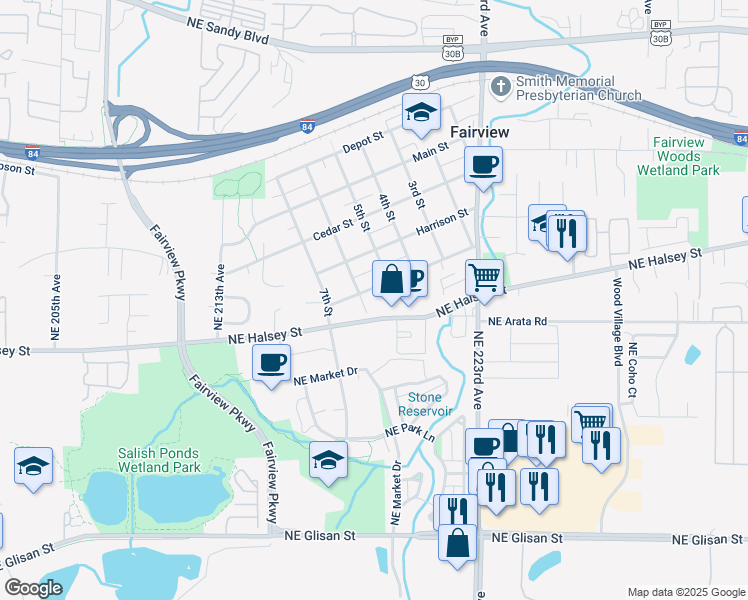map of restaurants, bars, coffee shops, grocery stores, and more near 441 Lincoln Street in Fairview