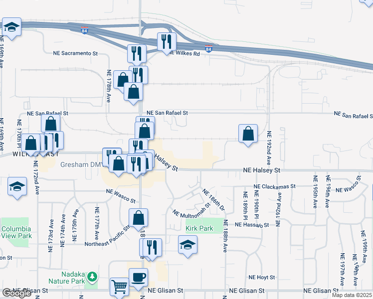 map of restaurants, bars, coffee shops, grocery stores, and more near 18557 Northeast Halsey Street in Portland