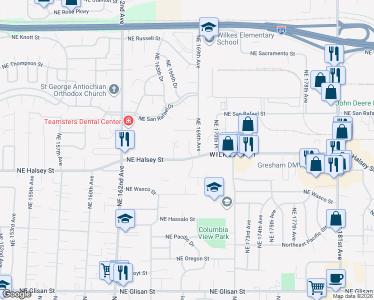 map of restaurants, bars, coffee shops, grocery stores, and more near 1715 Northeast 169th Avenue in Portland
