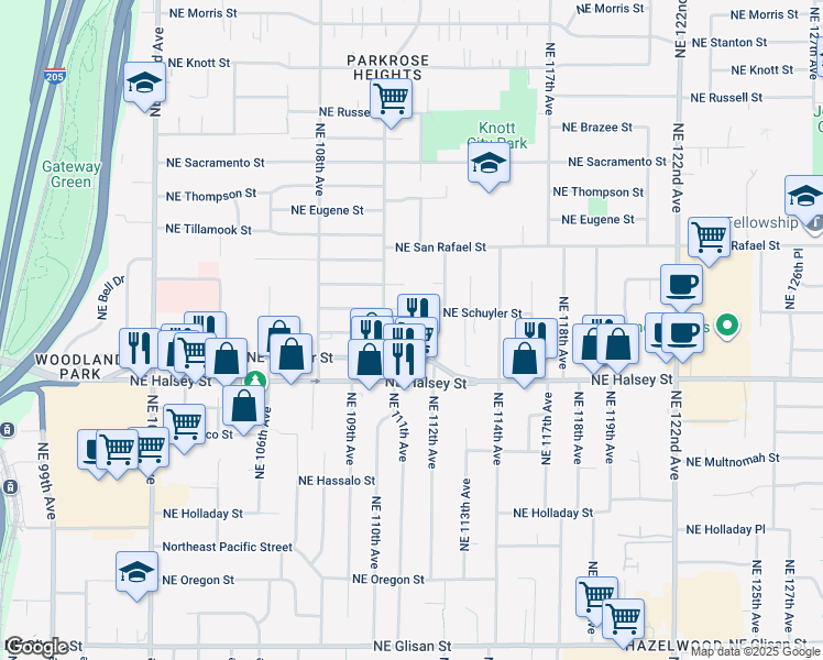 map of restaurants, bars, coffee shops, grocery stores, and more near 11128 Northeast Schuyler Street in Portland