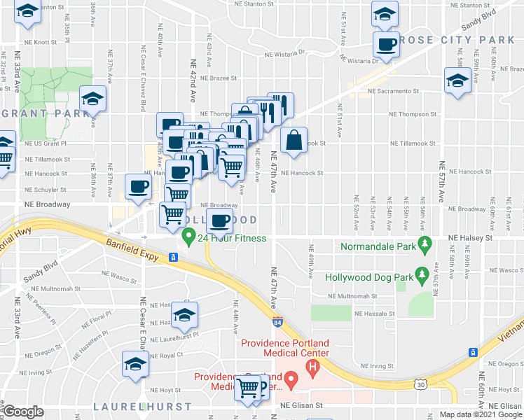 map of restaurants, bars, coffee shops, grocery stores, and more near 1727 Northeast 46th Avenue in Portland