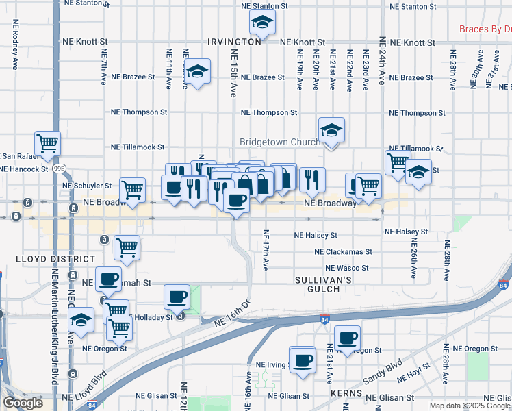 map of restaurants, bars, coffee shops, grocery stores, and more near 1602 Northeast Schuyler Street in Portland