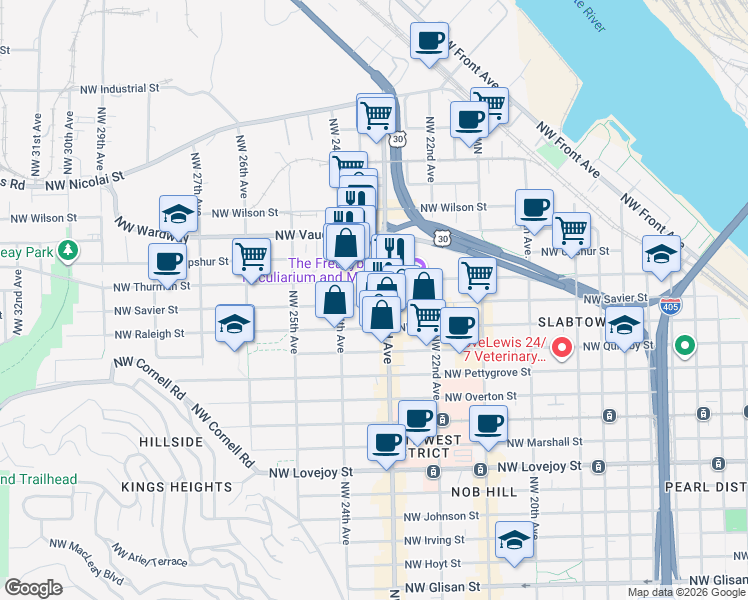 map of restaurants, bars, coffee shops, grocery stores, and more near 1715 Northwest 23rd Avenue in Portland