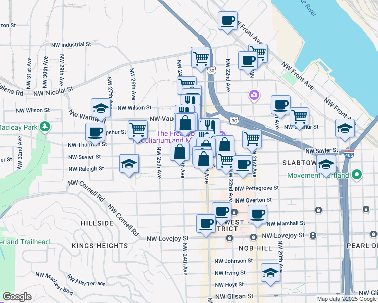 map of restaurants, bars, coffee shops, grocery stores, and more near 1715 Northwest 23rd Avenue in Portland
