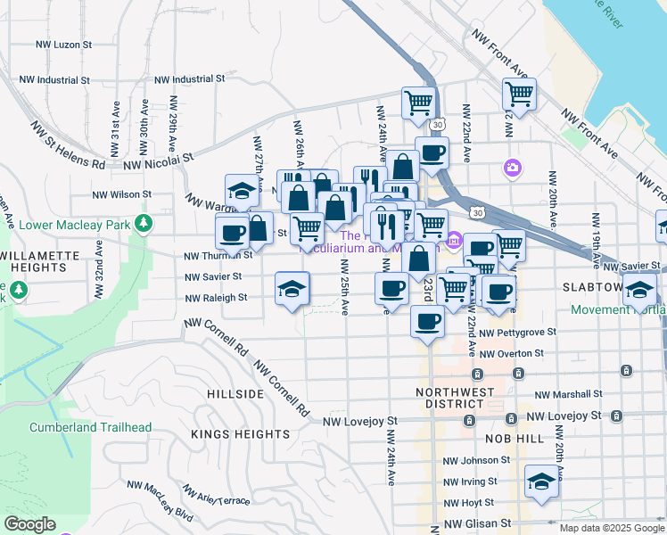 map of restaurants, bars, coffee shops, grocery stores, and more near 2501 Northwest Thurman Street in Portland