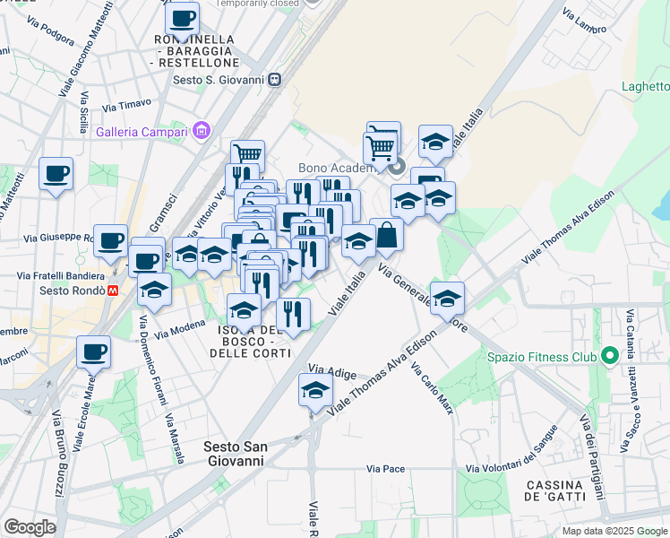 map of restaurants, bars, coffee shops, grocery stores, and more near 125 Via Puricelli Guerra in Sesto San Giovanni