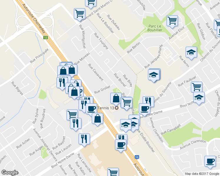 map of restaurants, bars, coffee shops, grocery stores, and more near 5326 Rue Grolier in Laval