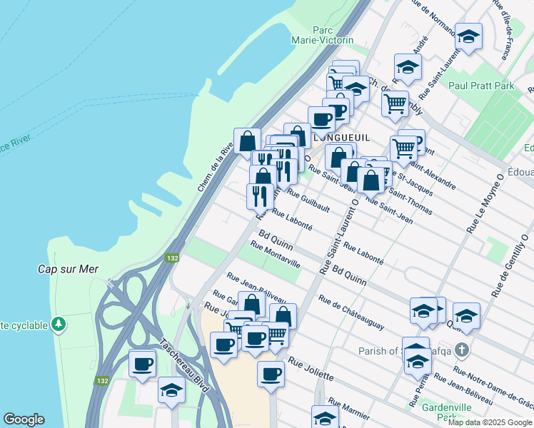 map of restaurants, bars, coffee shops, grocery stores, and more near 460 Rue Saint-Charles Ouest in Longueuil