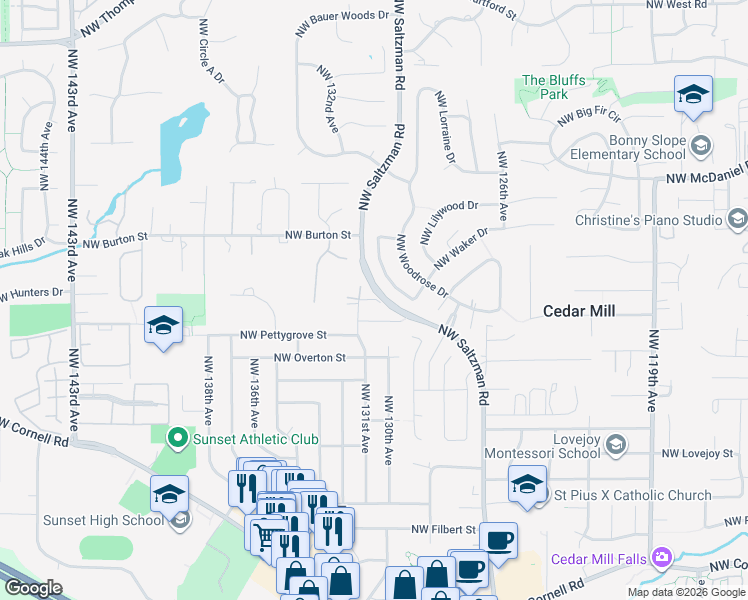 map of restaurants, bars, coffee shops, grocery stores, and more near 7084 Northwest Abby Court in Portland