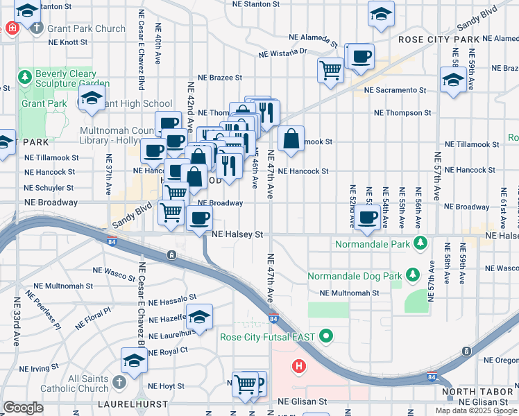 map of restaurants, bars, coffee shops, grocery stores, and more near 1727 Northeast 46th Avenue in Portland