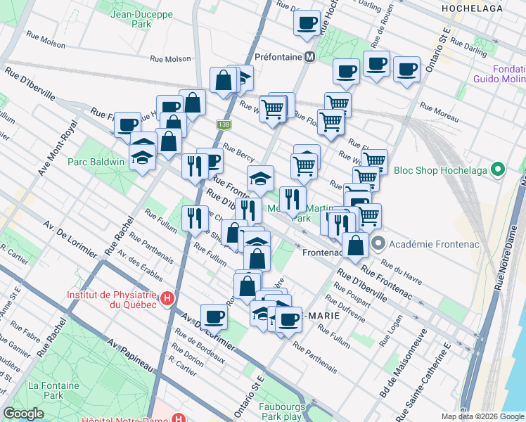 map of restaurants, bars, coffee shops, grocery stores, and more near in Montreal