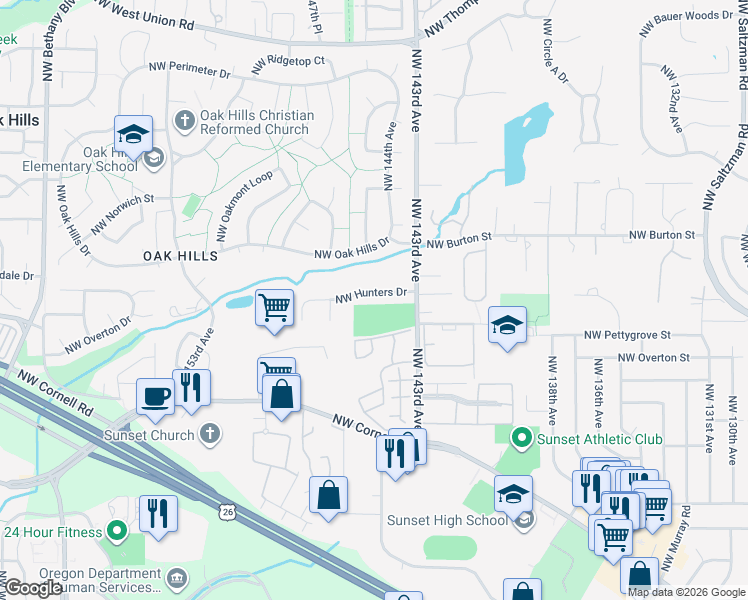 map of restaurants, bars, coffee shops, grocery stores, and more near 14423 Northwest Hunters Drive in Beaverton