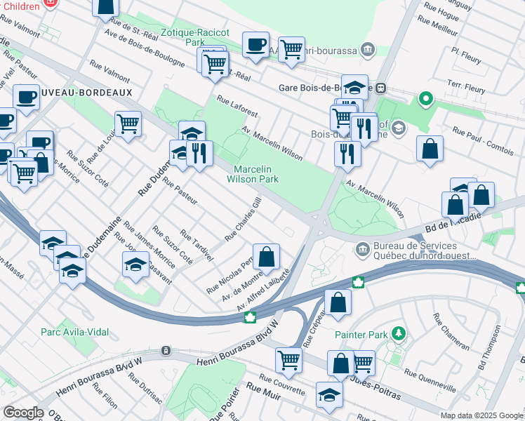 map of restaurants, bars, coffee shops, grocery stores, and more near 11087 Rue Drouart in Montréal