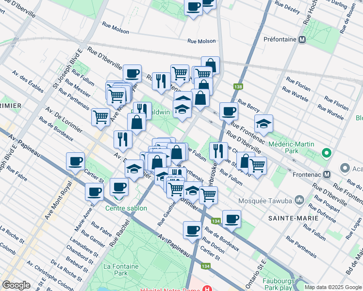 map of restaurants, bars, coffee shops, grocery stores, and more near 3620 Rue Fullum in Montreal