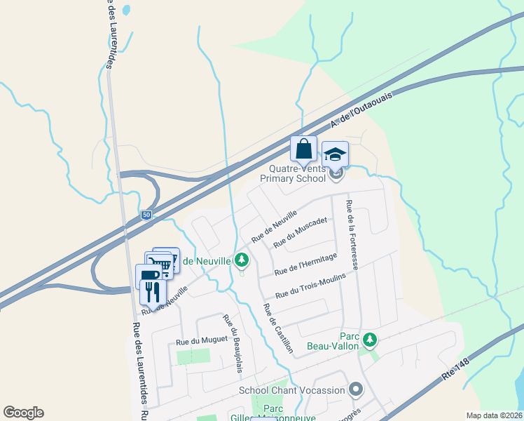 map of restaurants, bars, coffee shops, grocery stores, and more near 111 Rue de Beaujeu in Gatineau