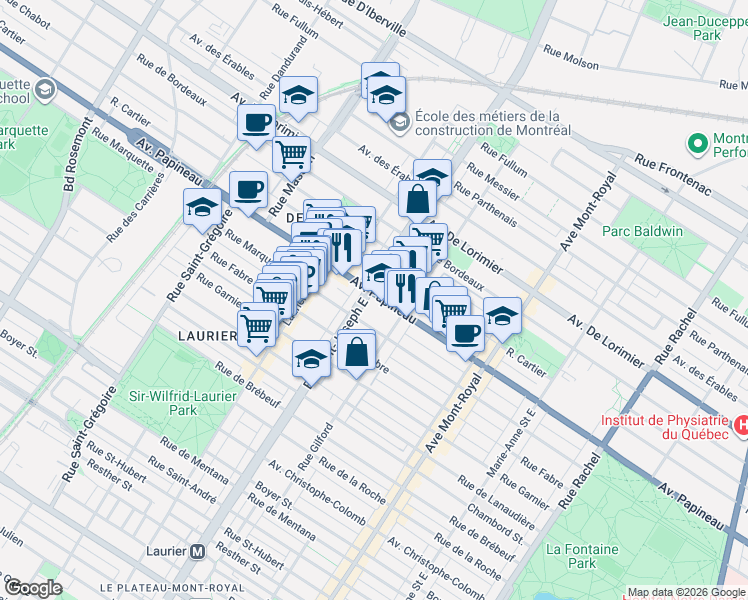 map of restaurants, bars, coffee shops, grocery stores, and more near 1700 Boulevard Saint-Joseph Est in Montréal