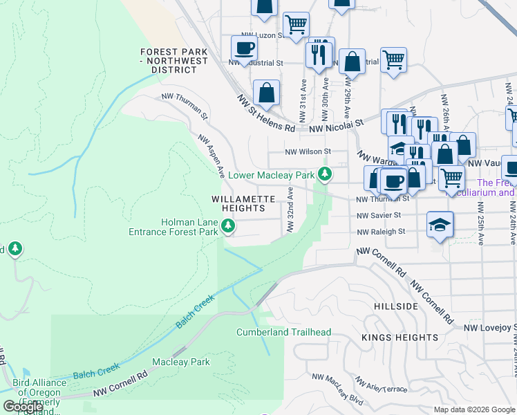 map of restaurants, bars, coffee shops, grocery stores, and more near 3366 Northwest Franklin Court in Portland