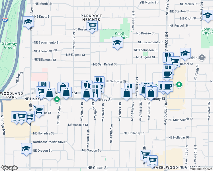 map of restaurants, bars, coffee shops, grocery stores, and more near 11211 Northeast Weidler Street in Portland