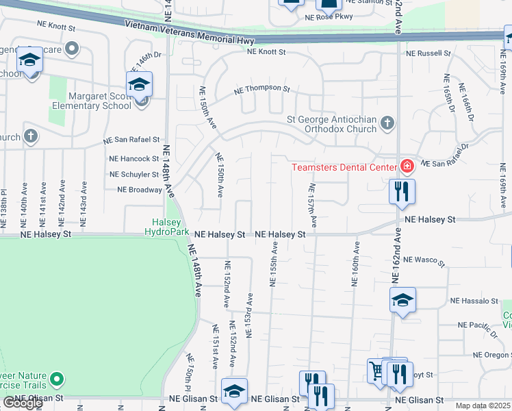 map of restaurants, bars, coffee shops, grocery stores, and more near 1727 Northeast 153rd Place in Portland