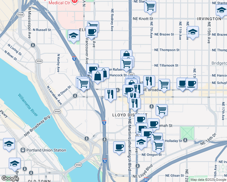 map of restaurants, bars, coffee shops, grocery stores, and more near in Portland