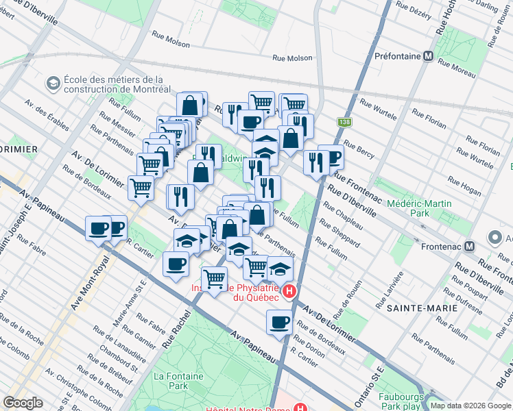 map of restaurants, bars, coffee shops, grocery stores, and more near 2283 Rue Rachel Est in Montreal