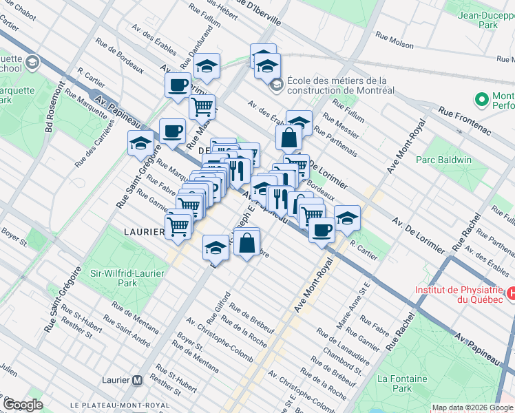 map of restaurants, bars, coffee shops, grocery stores, and more near 1700 Boulevard Saint-Joseph Est in Montréal