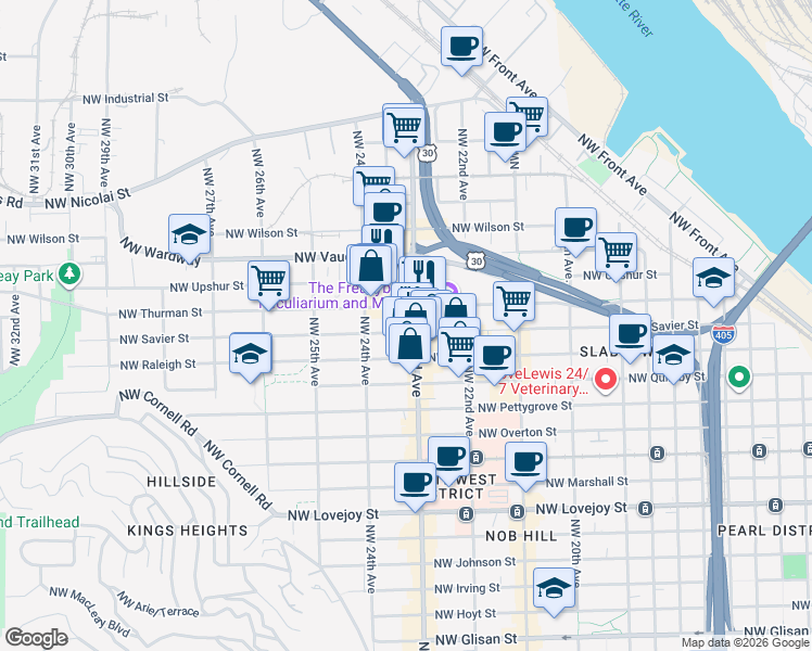 map of restaurants, bars, coffee shops, grocery stores, and more near 2323 Northwest Savier Street in Portland