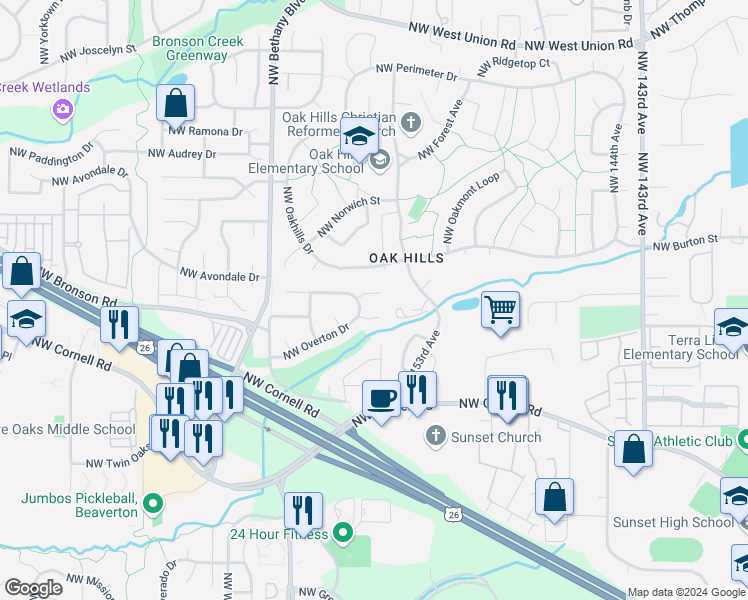 map of restaurants, bars, coffee shops, grocery stores, and more near 15454 Northwest Melody Court in Beaverton