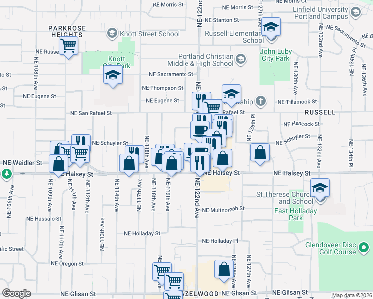 map of restaurants, bars, coffee shops, grocery stores, and more near Northeast Broadway in Portland
