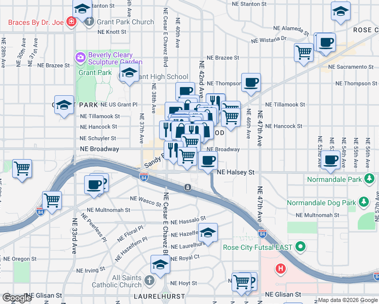 map of restaurants, bars, coffee shops, grocery stores, and more near in Portland