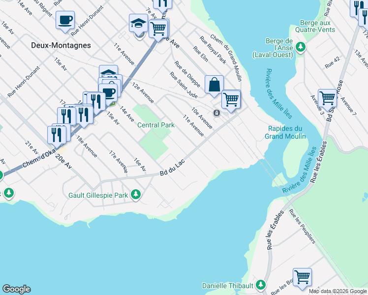 map of restaurants, bars, coffee shops, grocery stores, and more near 55 13e Avenue in Deux-Montagnes
