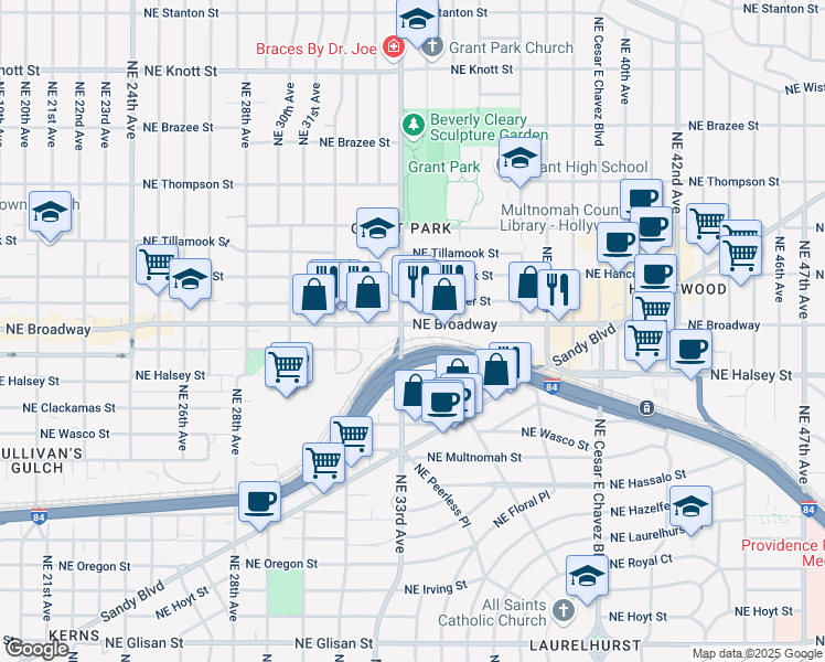 map of restaurants, bars, coffee shops, grocery stores, and more near 3350 Northeast Schuyler Street in Portland