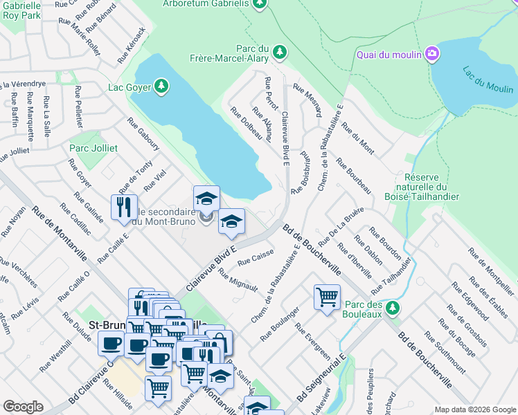 map of restaurants, bars, coffee shops, grocery stores, and more near 323 Clairevue Boulevard East in St-Bruno-de-Montarville
