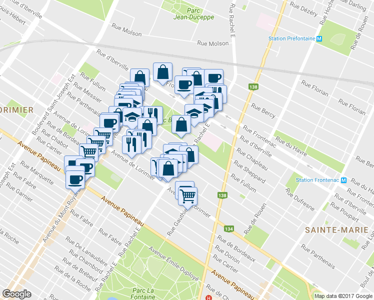 map of restaurants, bars, coffee shops, grocery stores, and more near 2283 Rue Rachel Est in Montréal