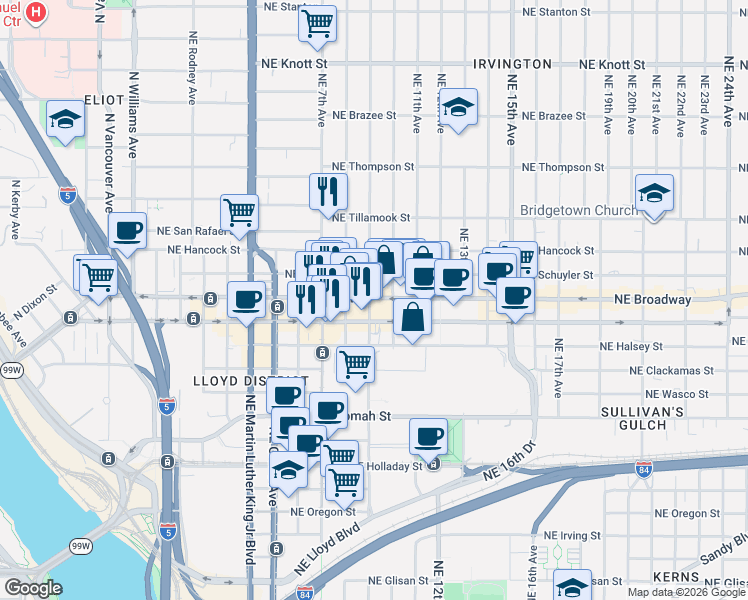 map of restaurants, bars, coffee shops, grocery stores, and more near  in Portland