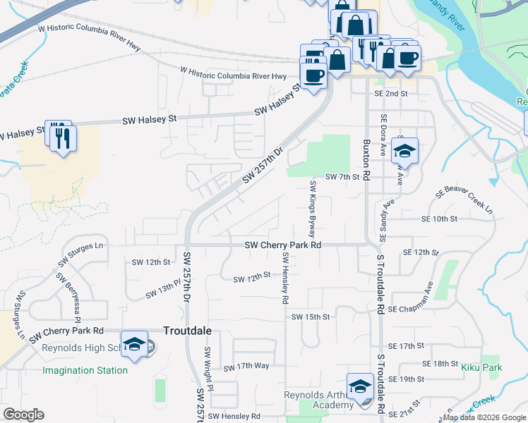 map of restaurants, bars, coffee shops, grocery stores, and more near 730 Southwest Sunset Way in Troutdale