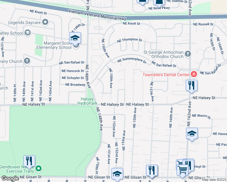 map of restaurants, bars, coffee shops, grocery stores, and more near 1710 Northeast 150th Avenue in Portland