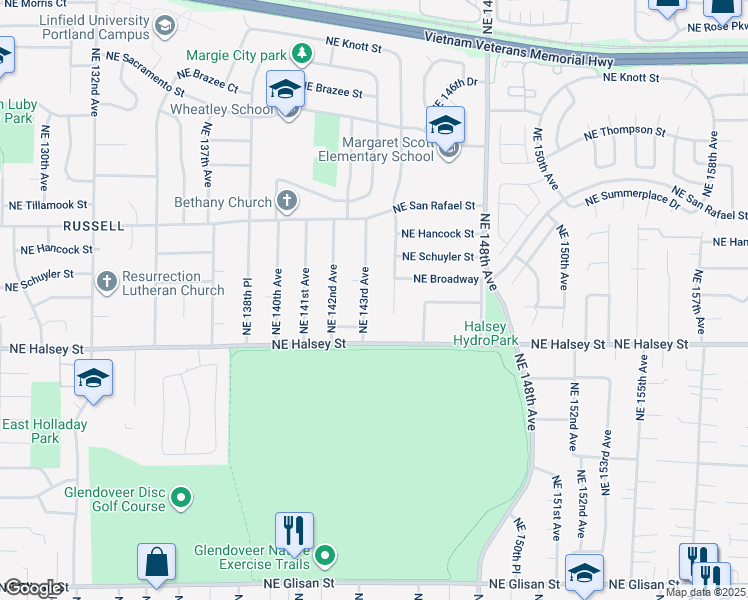 map of restaurants, bars, coffee shops, grocery stores, and more near 1712 Northeast 143rd Avenue in Portland