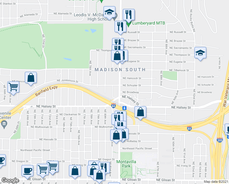 map of restaurants, bars, coffee shops, grocery stores, and more near 8106 Northeast Schuyler Street in Portland