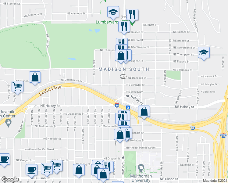 map of restaurants, bars, coffee shops, grocery stores, and more near 8106 Northeast Schuyler Street in Portland