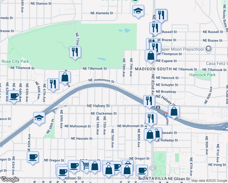 map of restaurants, bars, coffee shops, grocery stores, and more near 7626 Northeast Broadway in Portland